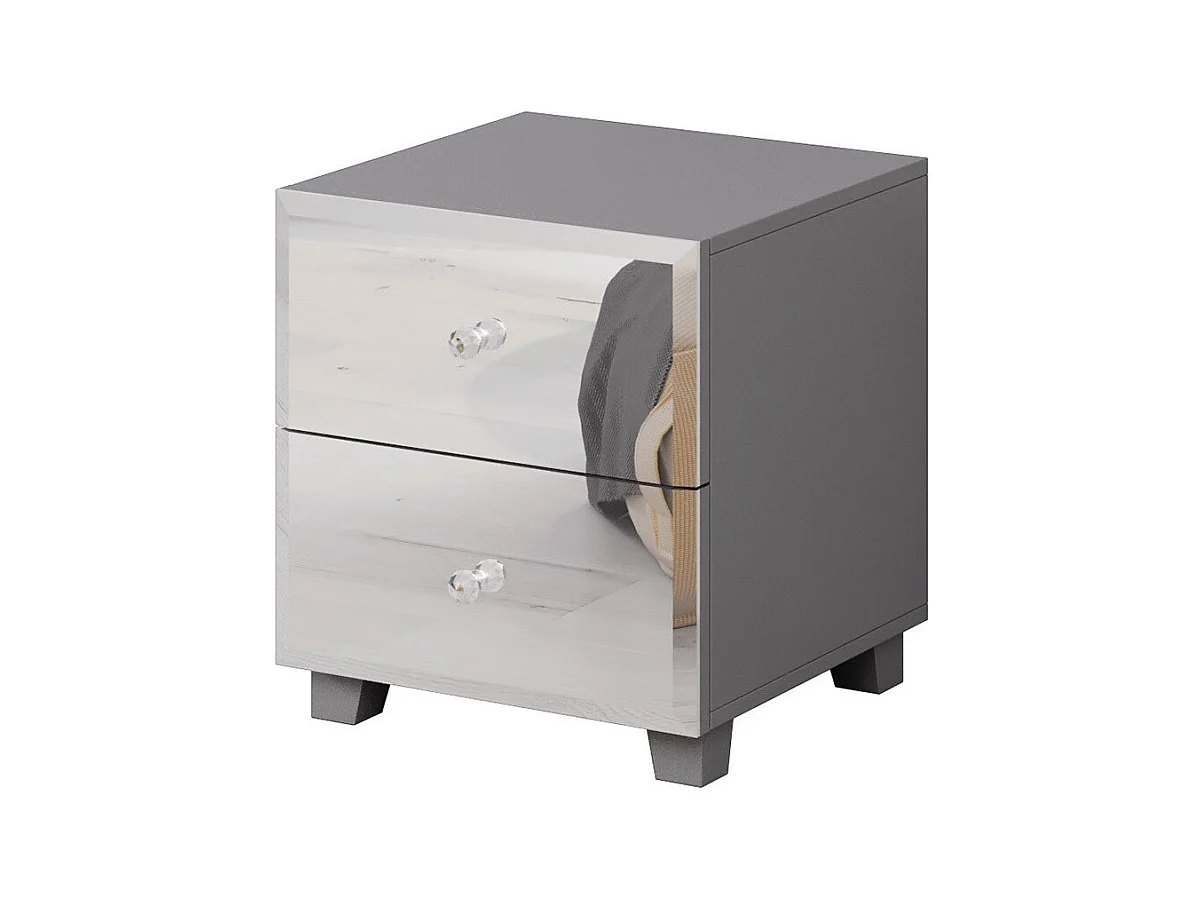 Table de chevet LIVORA – 2 tiroirs – Gris et miroirs – Design moderne
