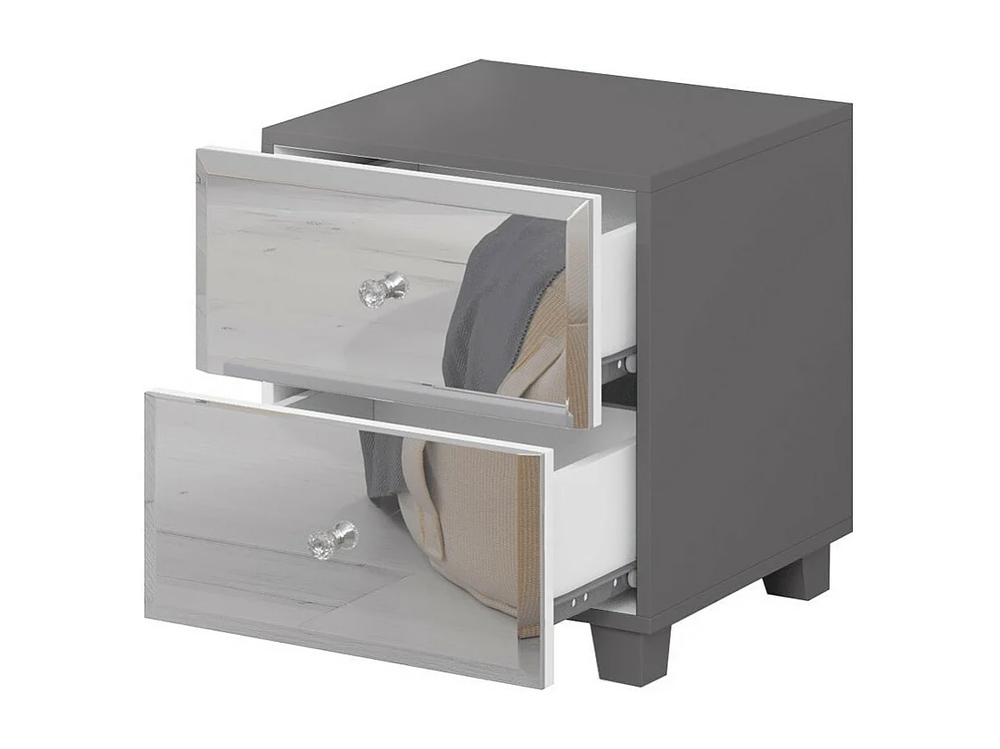 Table de chevet LIVORA – 2 tiroirs – Gris et miroirs – Design moderne