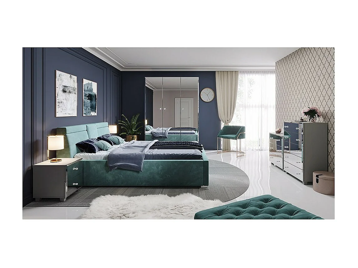 Table de chevet LIVORA – 2 tiroirs – Gris et miroirs – Design moderne