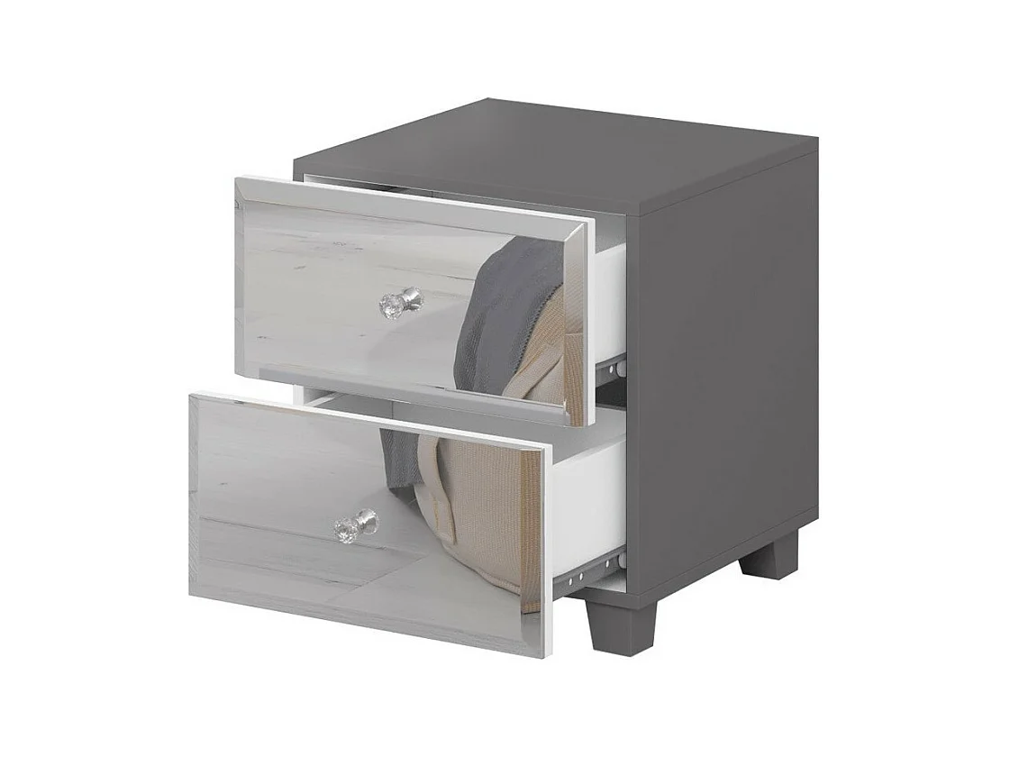 Comodino con due cassetti, corpo grigio e frontali rivestiti di specchi, collezione LIVORA.
