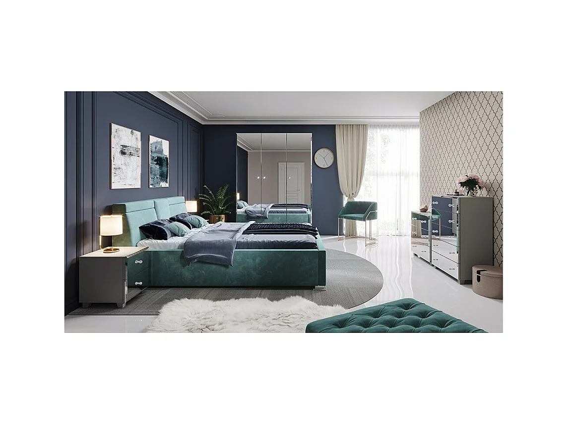 Comodino con due cassetti, corpo grigio e frontali rivestiti di specchi, collezione LIVORA.