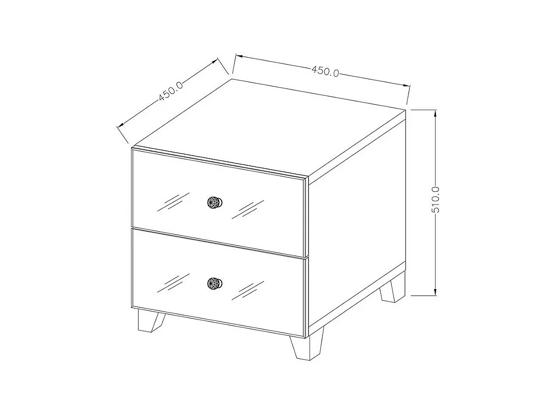 Comodino con due cassetti, corpo grigio e frontali rivestiti di specchi, collezione LIVORA.