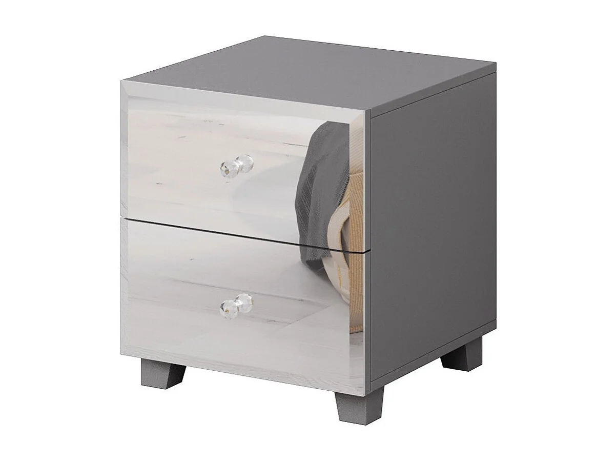 <Nachtkastje met twee laden, grijs lichaam en fronts bedekt met spiegels uit de LIVORA collectie.