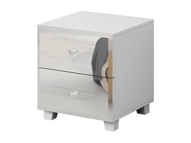 Table de chevet LIVORA – 2 tiroirs – Blanc mat avec façades miroir – Élégance contemporaine