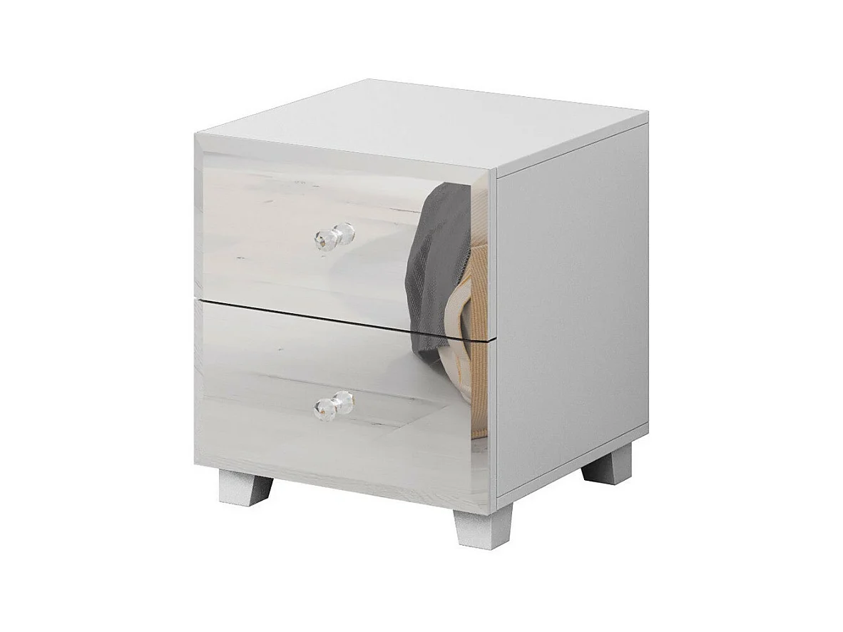 Table de chevet LIVORA – 2 tiroirs – Blanc mat avec façades miroir – Élégance contemporaine