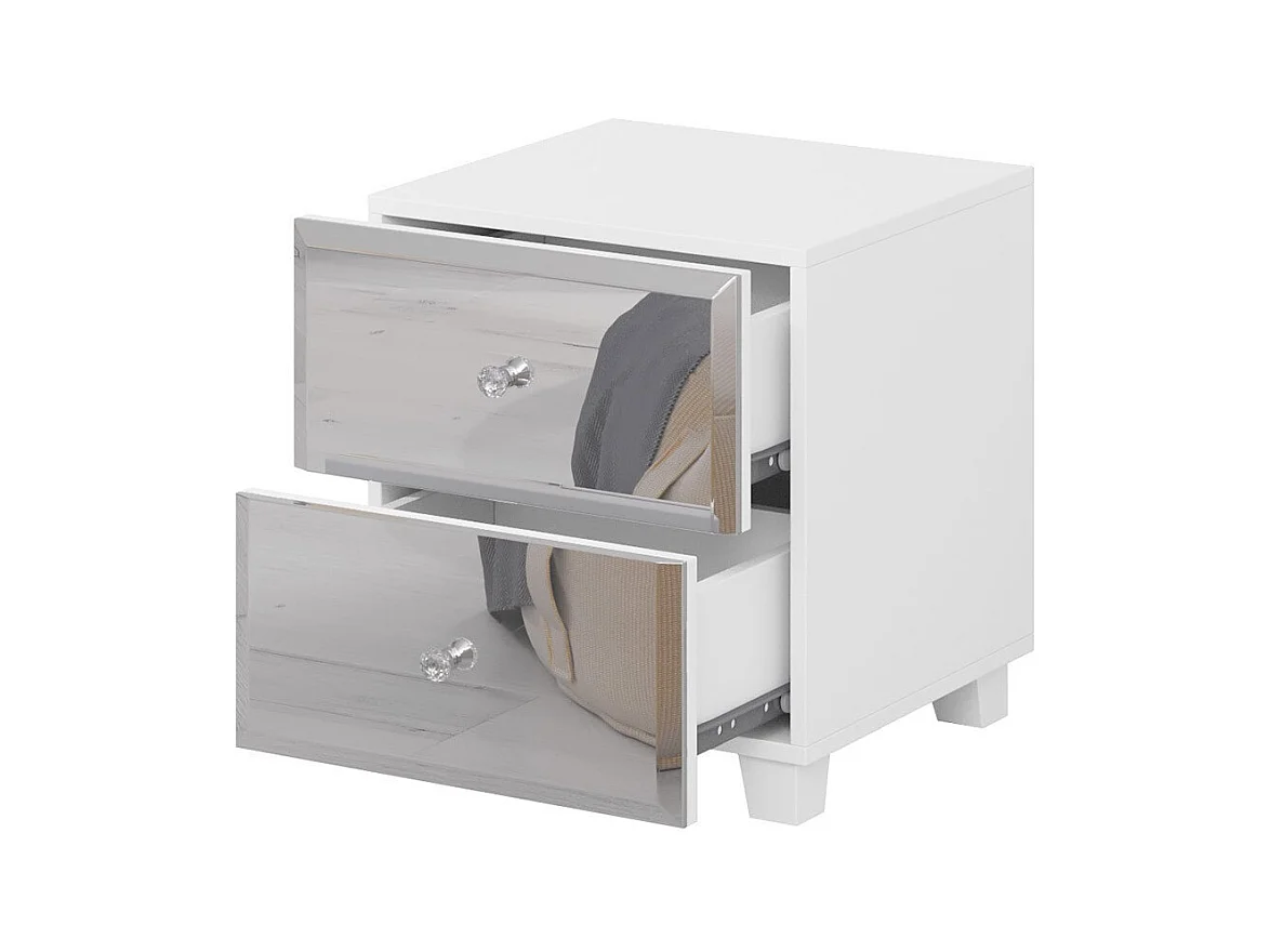 Table de chevet LIVORA – 2 tiroirs – Blanc mat avec façades miroir – Élégance contemporaine