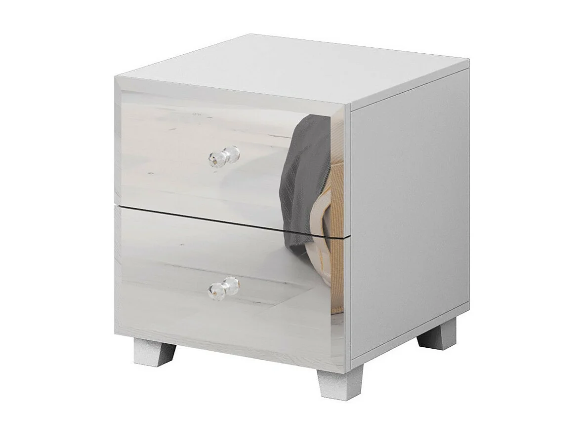 Nachtkastje met twee laden, wit frame en fronten bedekt met spiegels, collectie LIVORA.