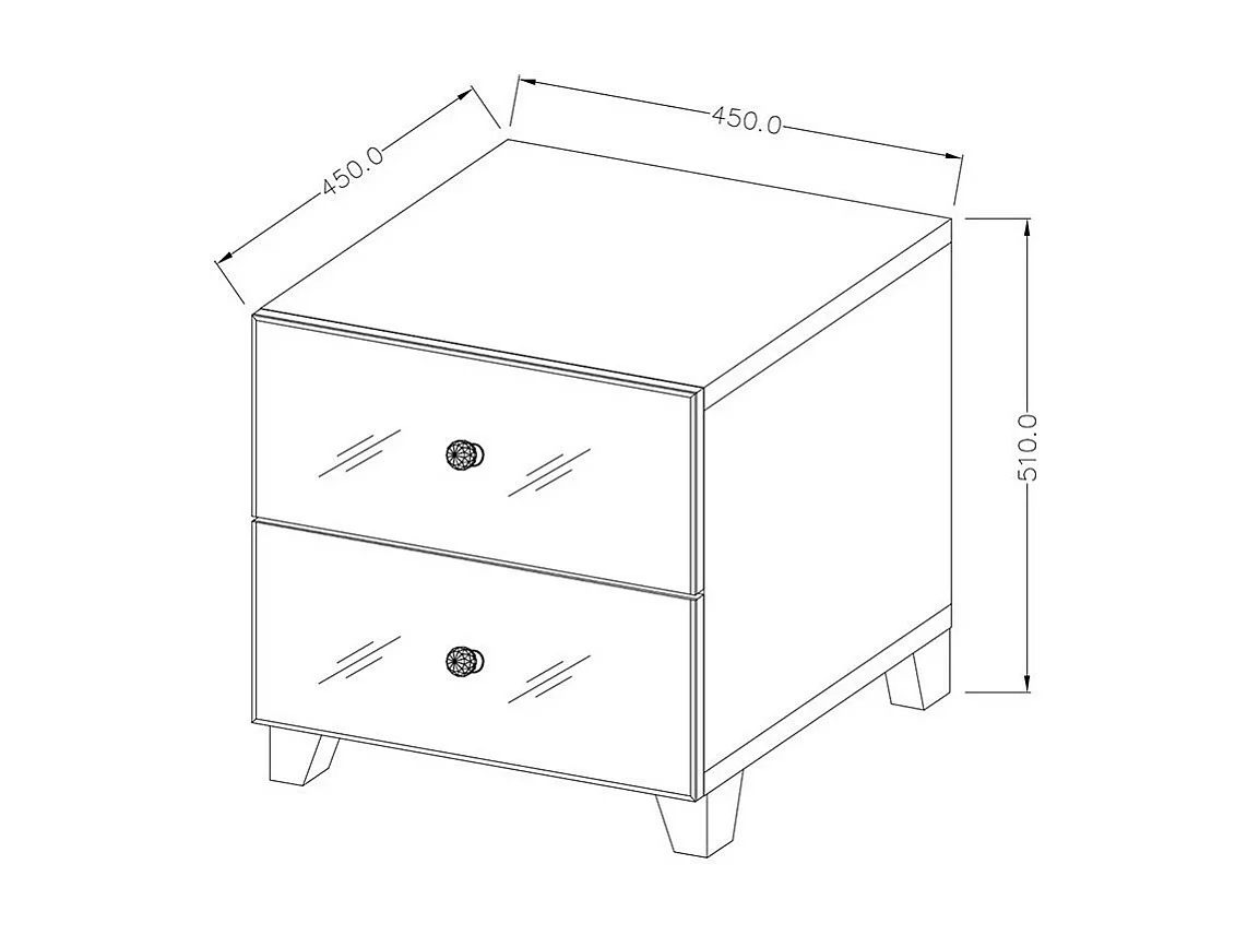 Nachtkastje met twee laden, wit frame en fronten bedekt met spiegels, collectie LIVORA.