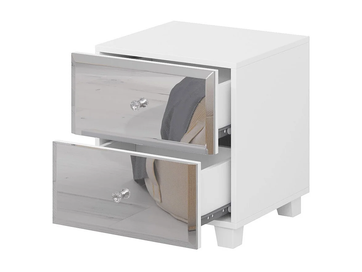 Nachtkastje met twee laden, wit frame en fronten bedekt met spiegels, collectie LIVORA.