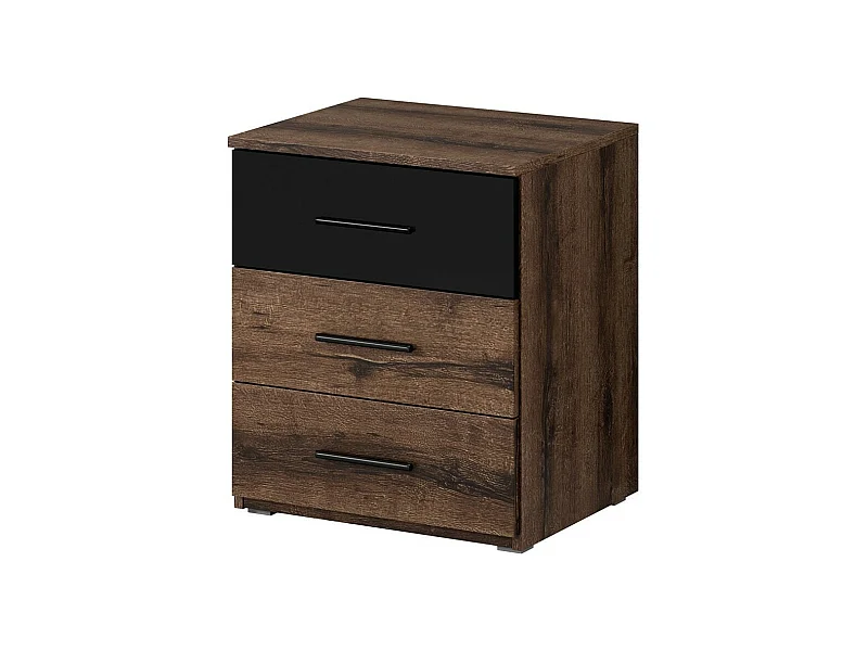 Nachttisch mit drei Schubladen, Kollektion EOS. Farbe dunkle Eiche und Schwarz.