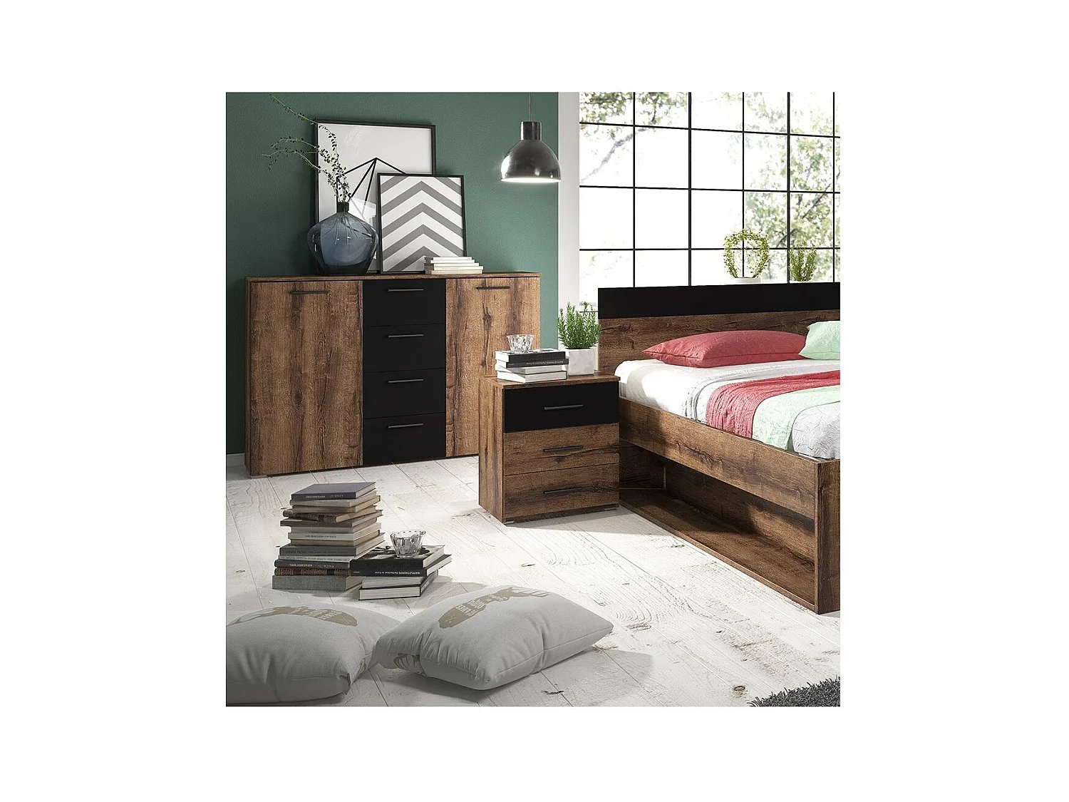 Nachttisch mit drei Schubladen, Kollektion EOS. Farbe dunkle Eiche und Schwarz.