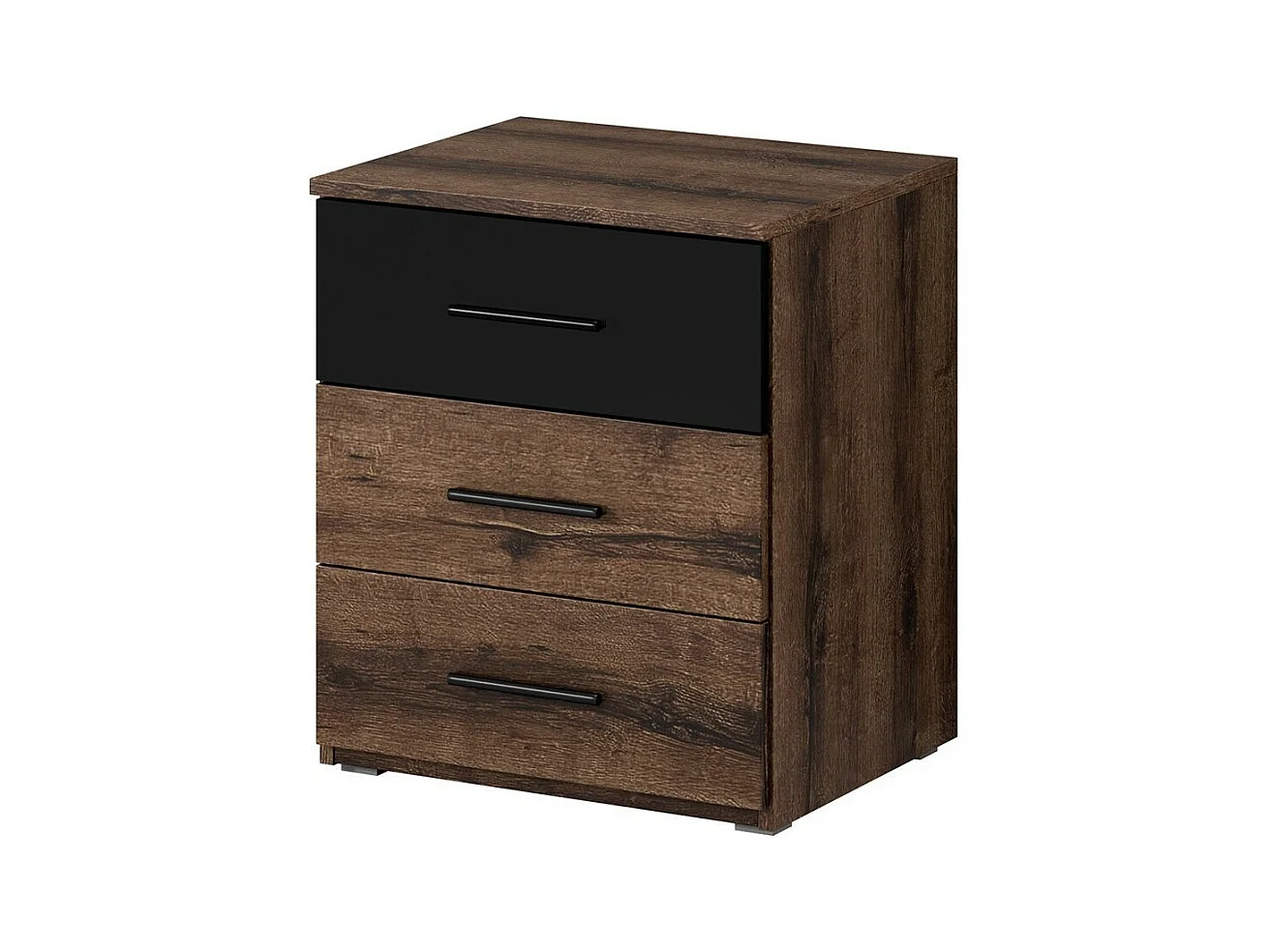 Table de chevet EOS – 3 tiroirs – Chêne foncé et noir – Design moderne