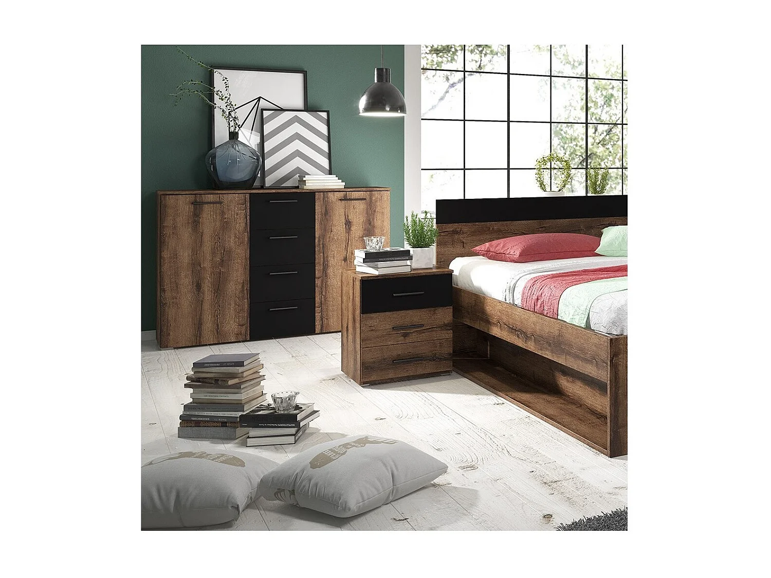 Table de chevet EOS – 3 tiroirs – Chêne foncé et noir – Design moderne