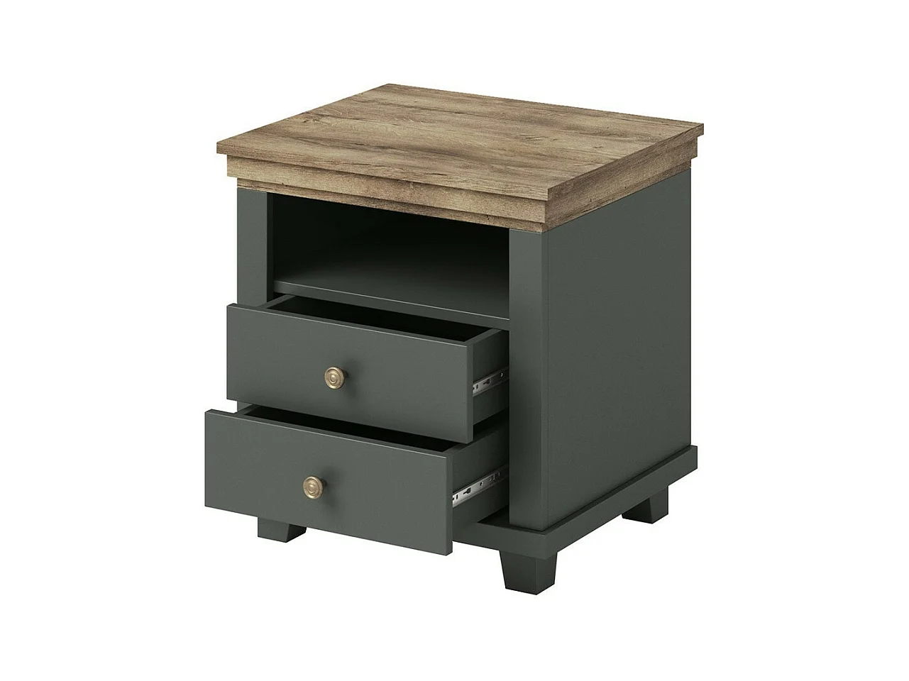 Comodino con due cassetti e uno scomparto, Colori verde kaki e quercia. Collezione ASSIA
