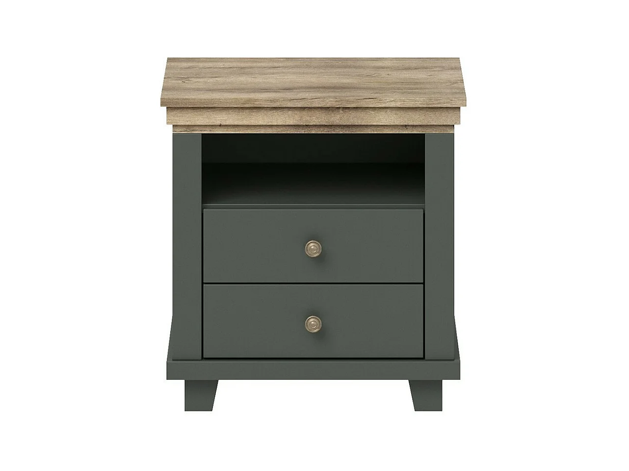 Comodino con due cassetti e uno scomparto, Colori verde kaki e quercia. Collezione ASSIA