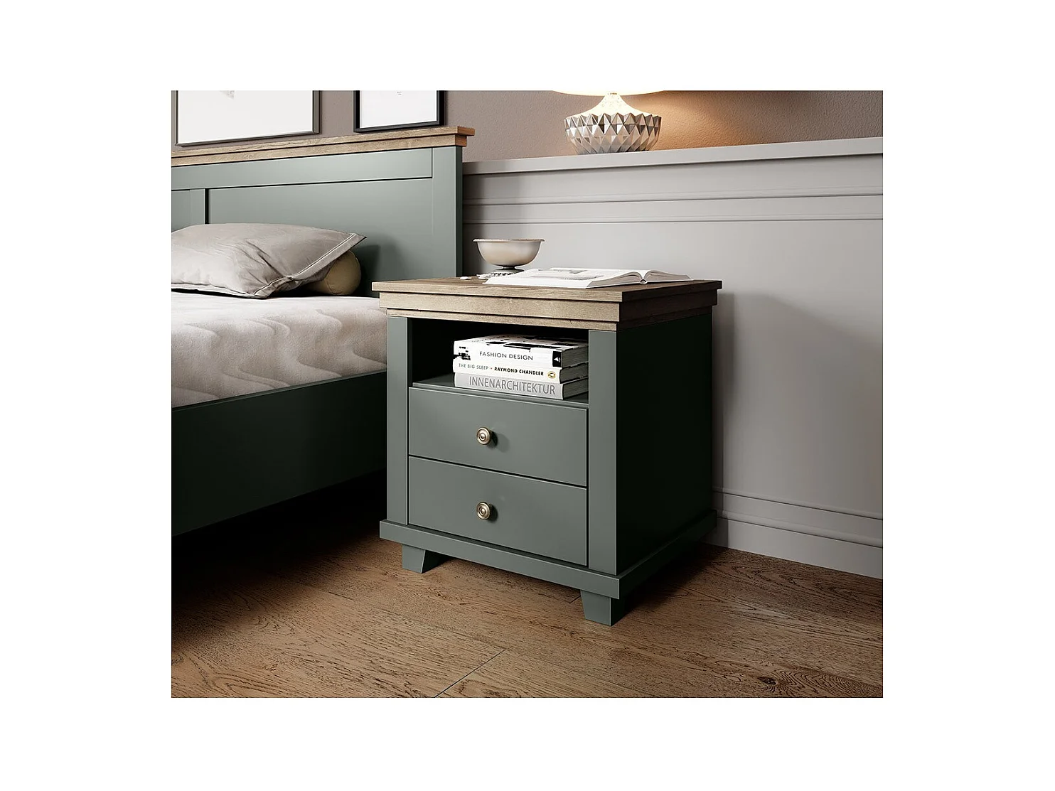 Comodino con due cassetti e uno scomparto, Colori verde kaki e quercia. Collezione ASSIA