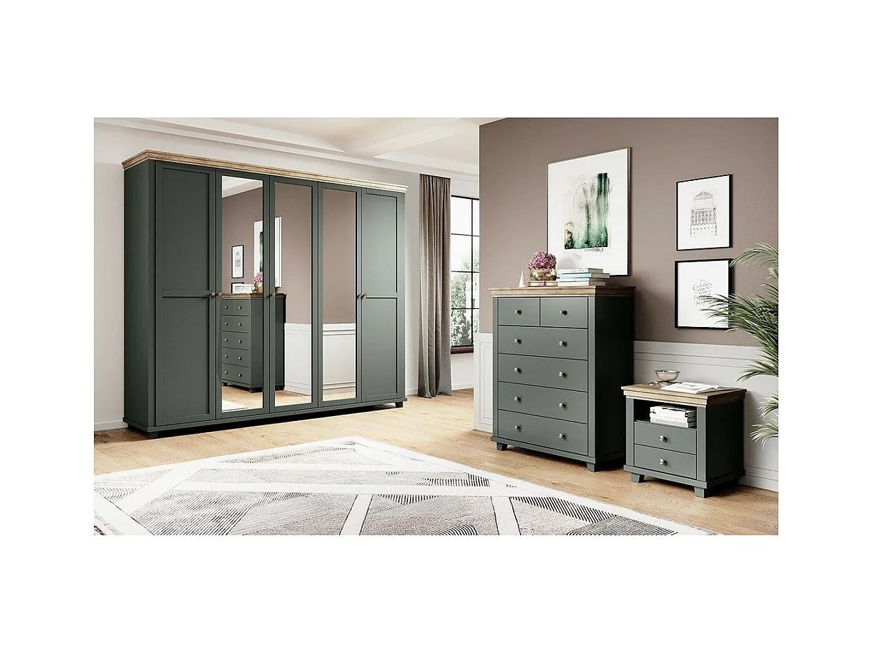 Comodino con due cassetti e uno scomparto, Colori verde kaki e quercia. Collezione ASSIA