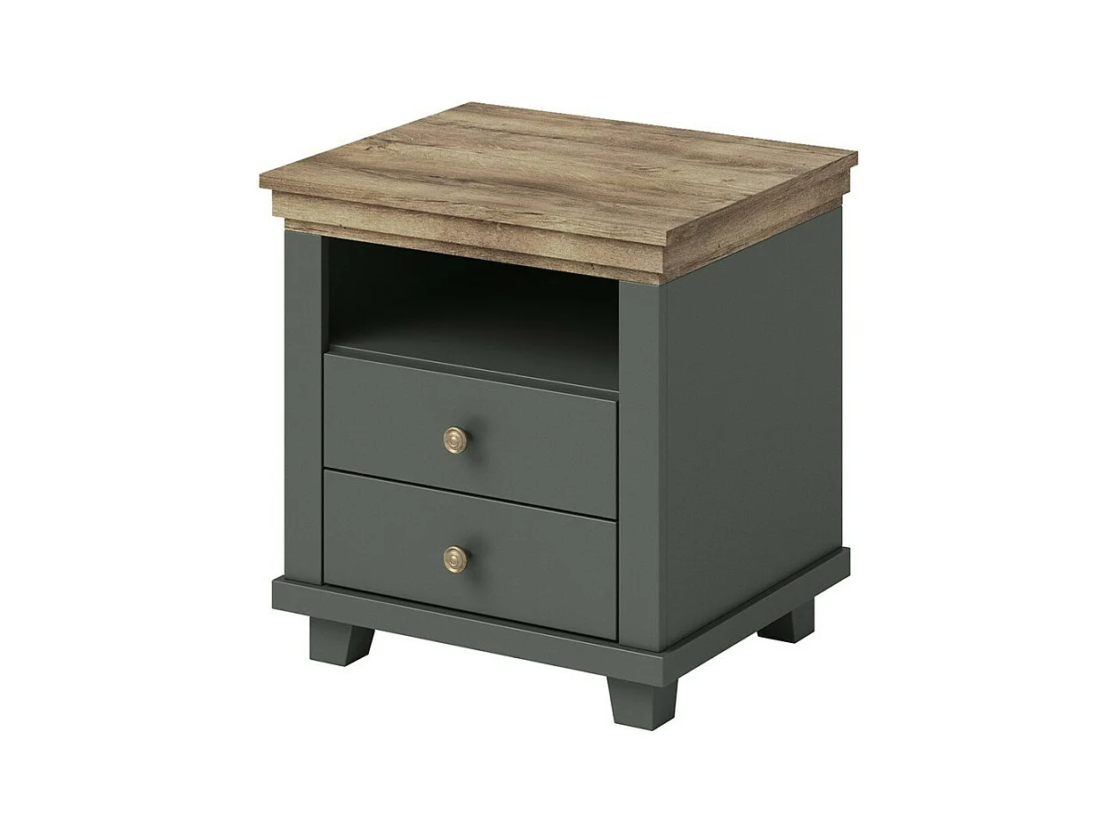 Table de chevet ASSIA – 2 tiroirs + 1 niche – Vert kaki et chêne – Style contemporain