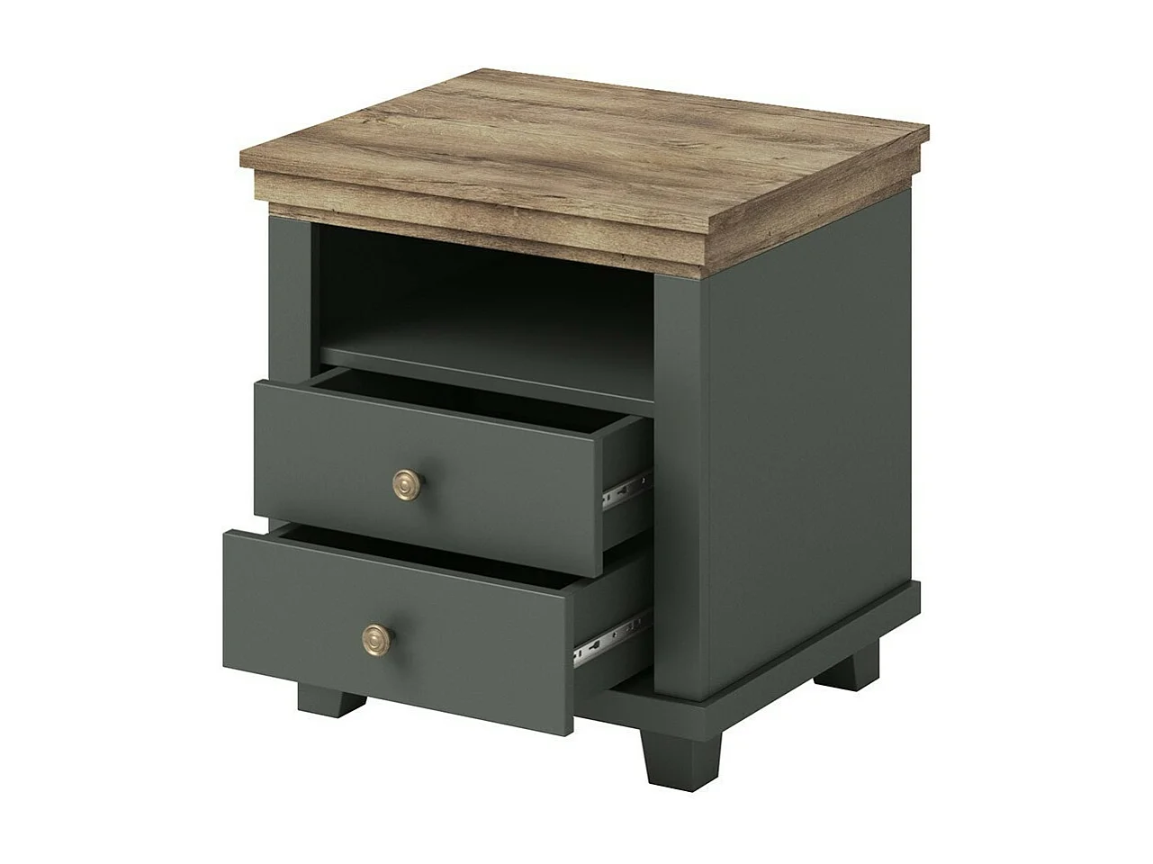 Table de chevet ASSIA – 2 tiroirs + 1 niche – Vert kaki et chêne – Style contemporain