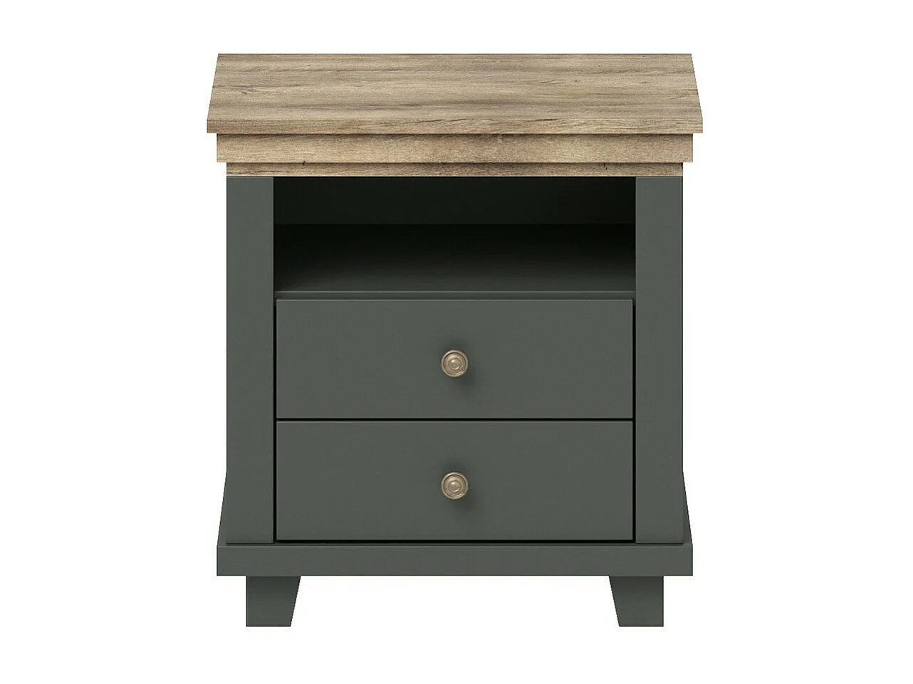 Table de chevet ASSIA – 2 tiroirs + 1 niche – Vert kaki et chêne – Style contemporain