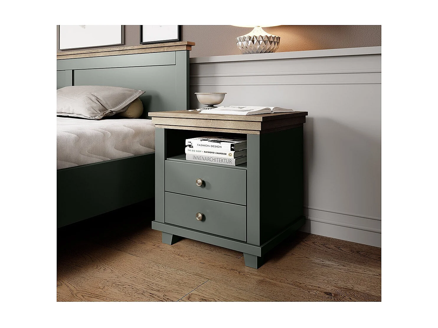 Table de chevet ASSIA – 2 tiroirs + 1 niche – Vert kaki et chêne – Style contemporain