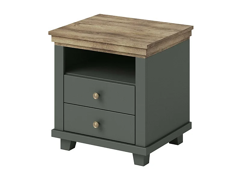 Nachtkastje met twee lades en een nis, kleur kakigroen en eiken. Collectie ASSIA