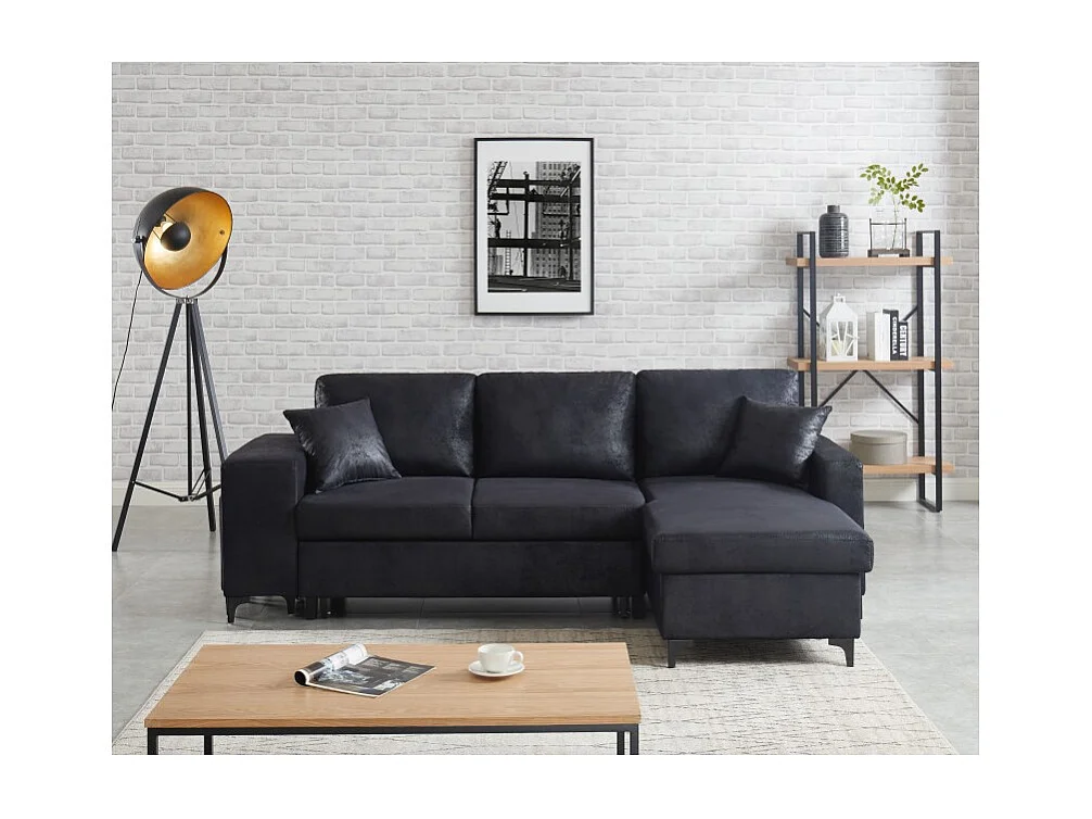 Canapé d'angle JULES convertible en tissu effet vintage noir