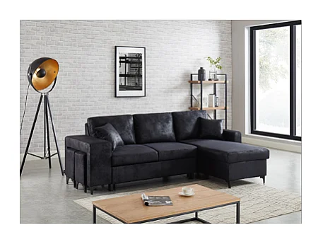 Canapé d'angle JULES convertible en tissu effet vintage noir