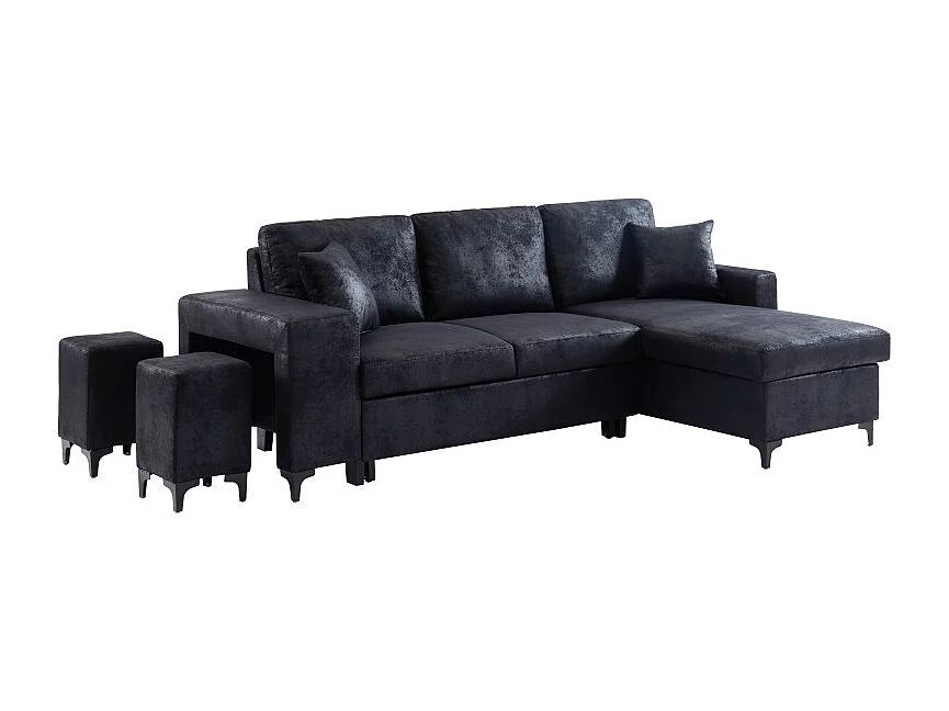 Canapé d'angle JULES convertible en tissu effet vintage noir