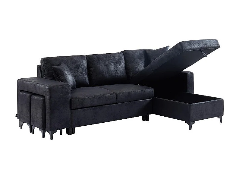 Canapé d'angle JULES convertible en tissu effet vintage noir