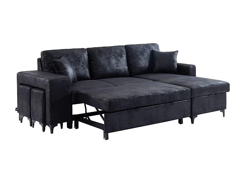 Canapé d'angle JULES convertible en tissu effet vintage noir
