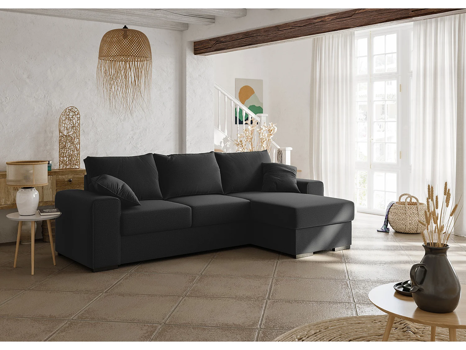 Canapé d'angle MARLON en tissu anthracite convertible 3 places