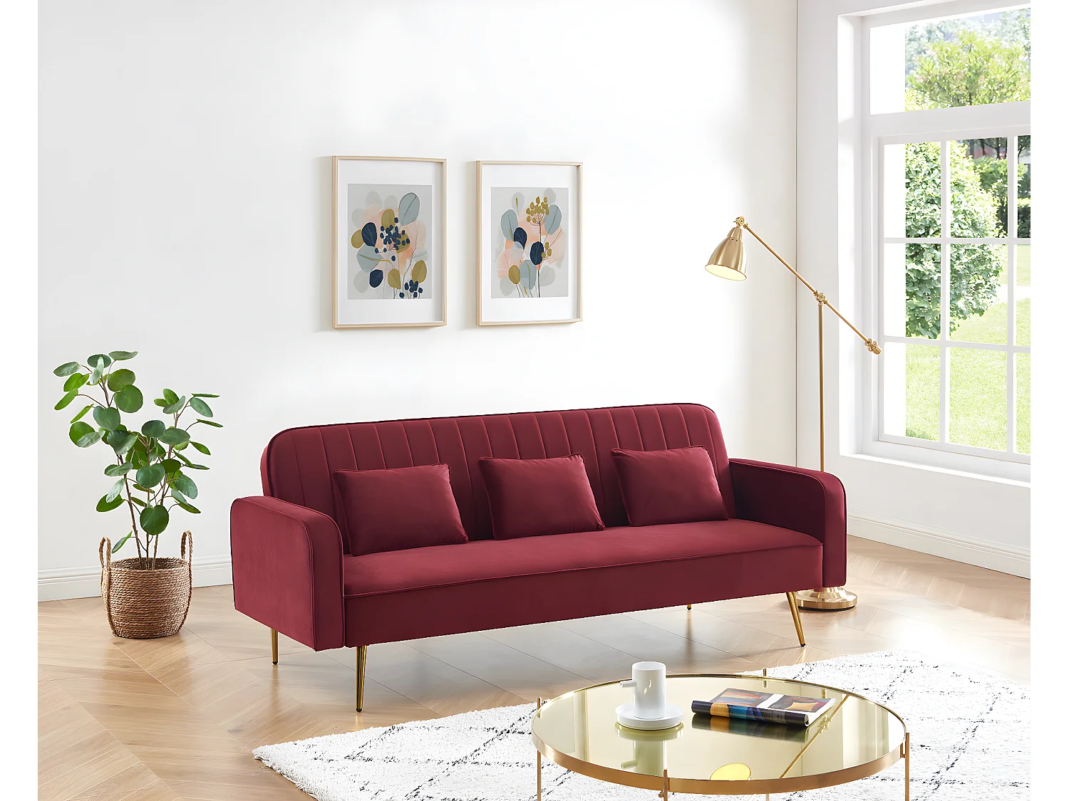 Canapé droit CHARLES en velours grenat avec pieds dorés