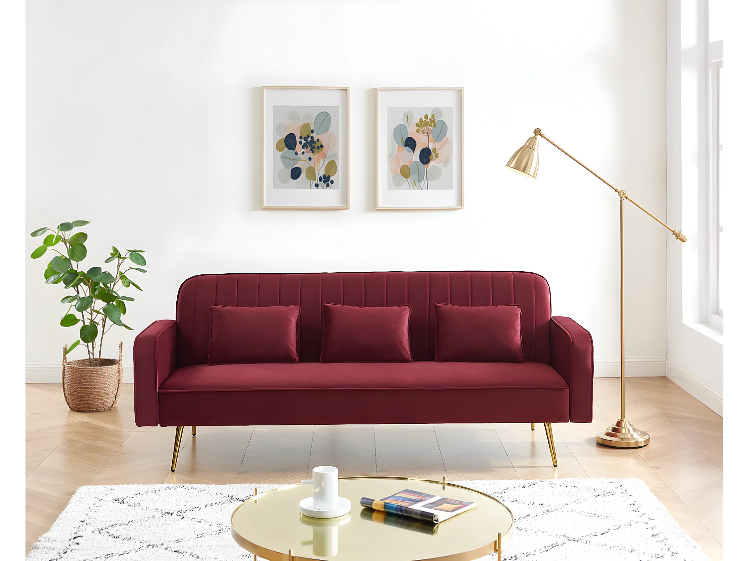 Canapé droit CHARLES en velours grenat avec pieds dorés