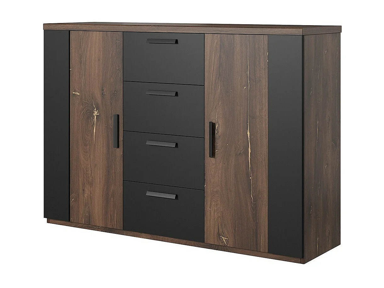 Cómoda de diseño 2 puertas y 4 cajones – 130 cm – Roble oscuro y negro – Colección FOX
