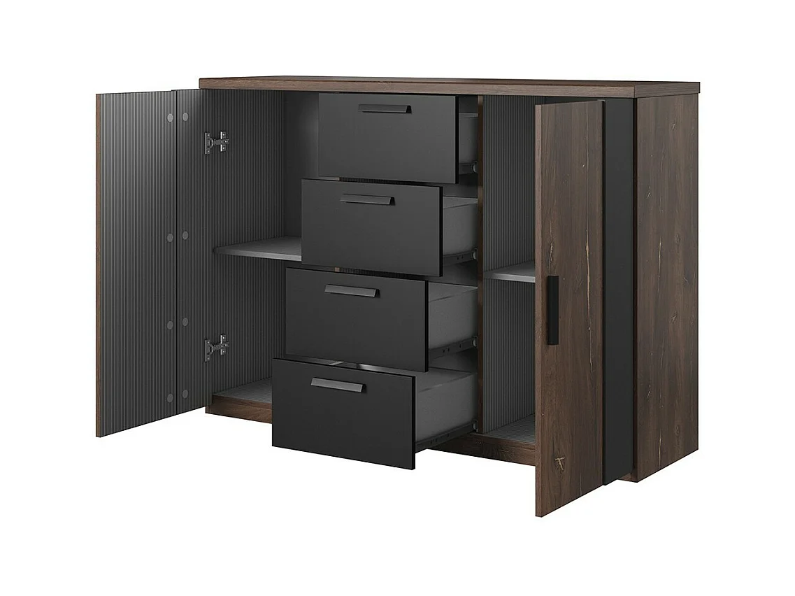 Cómoda de diseño 2 puertas y 4 cajones – 130 cm – Roble oscuro y negro – Colección FOX