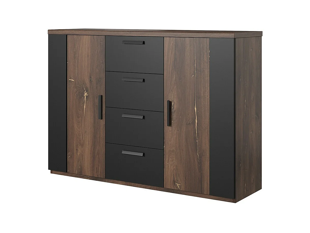 Commode design 2 portes et 4 tiroirs – 130 cm – Chêne foncé et noir – Collection FOX