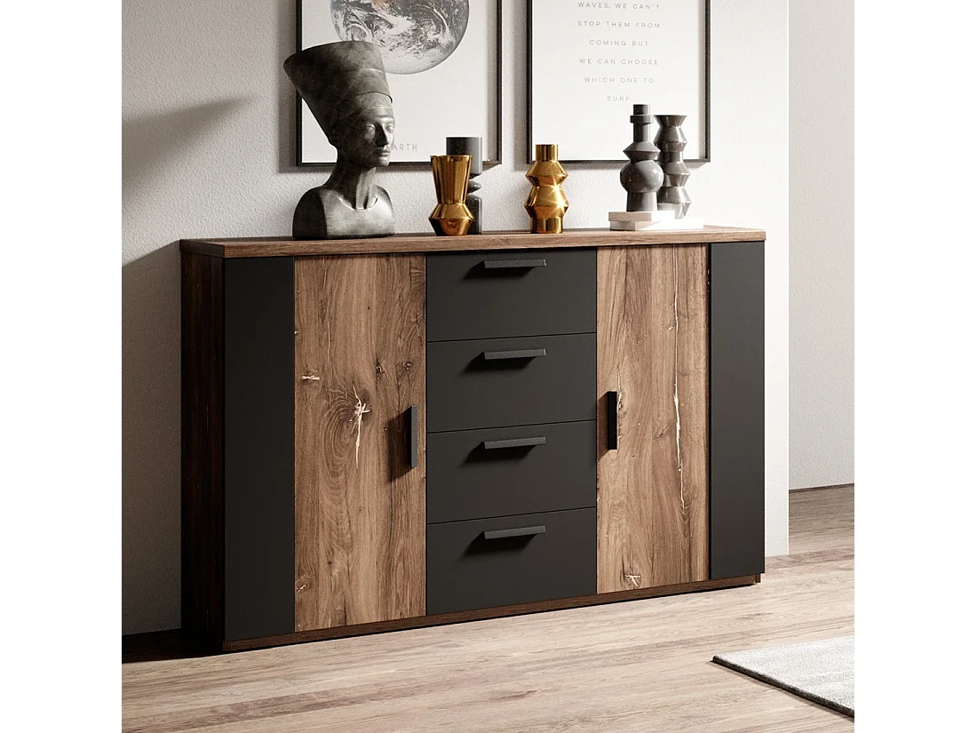 Commode design 2 portes et 4 tiroirs – 130 cm – Chêne foncé et noir – Collection FOX