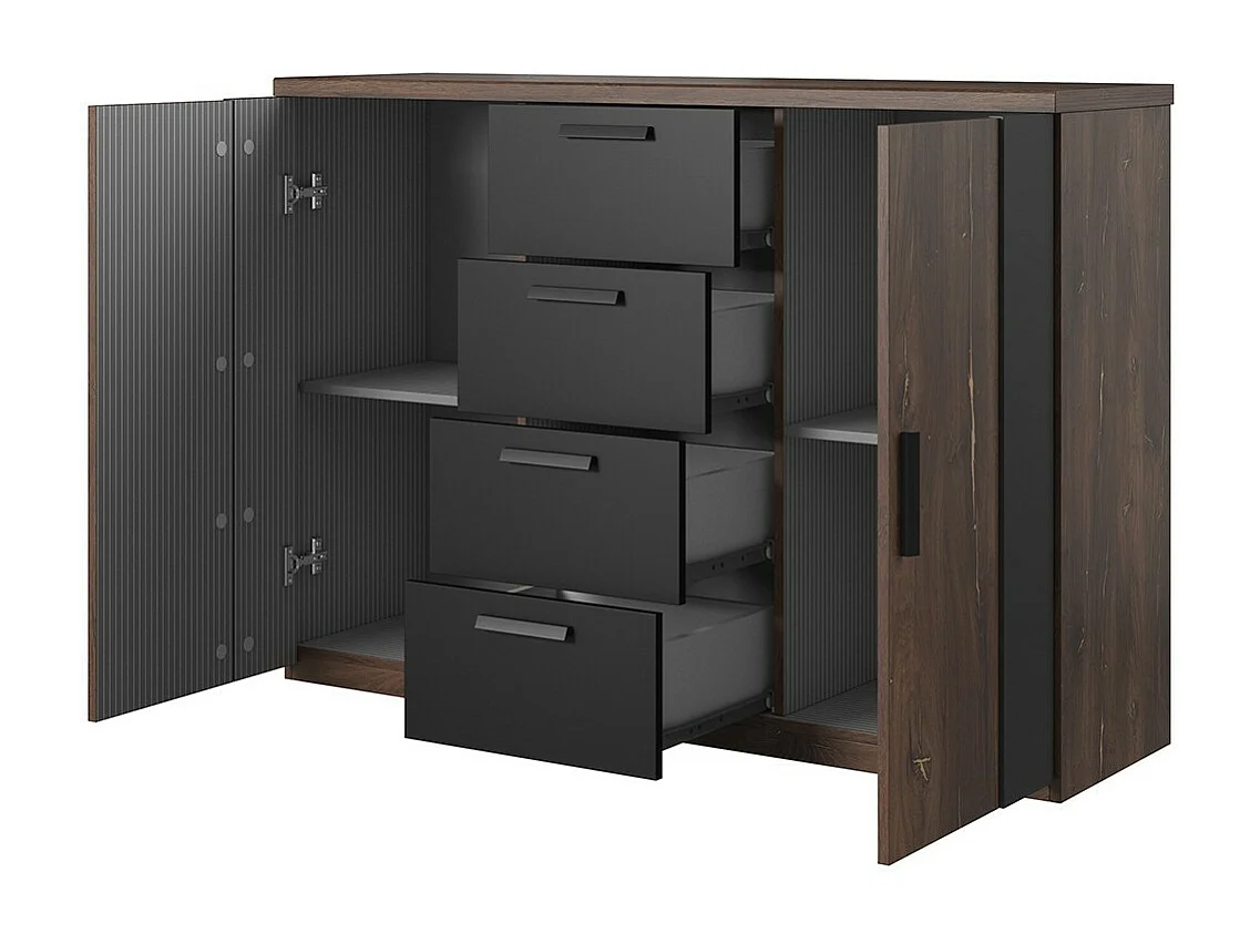 Commode design 2 portes et 4 tiroirs – 130 cm – Chêne foncé et noir – Collection FOX