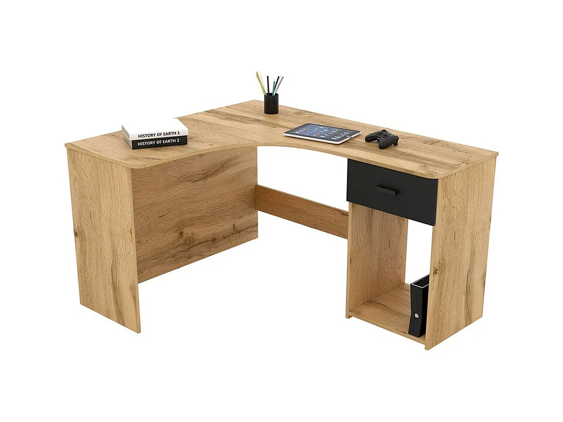 Escritório de canto design com muitos armazenamentos coleção LOUANE cor carvalho e preto.