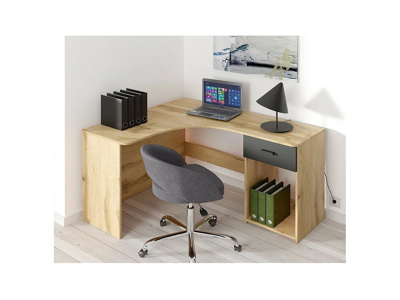 Escritório de canto design com muitos armazenamentos coleção LOUANE cor carvalho e preto.