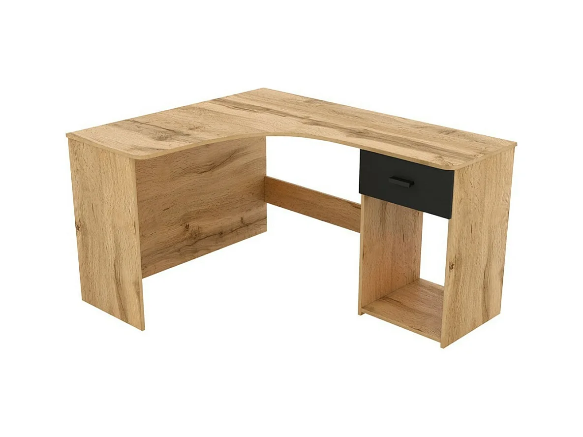 Bureau d'angle design avec nombreux rangements collection LOUANE coloris chêne et noir.
