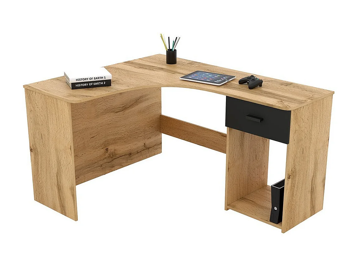 Bureau d'angle design avec nombreux rangements collection LOUANE coloris chêne et noir.