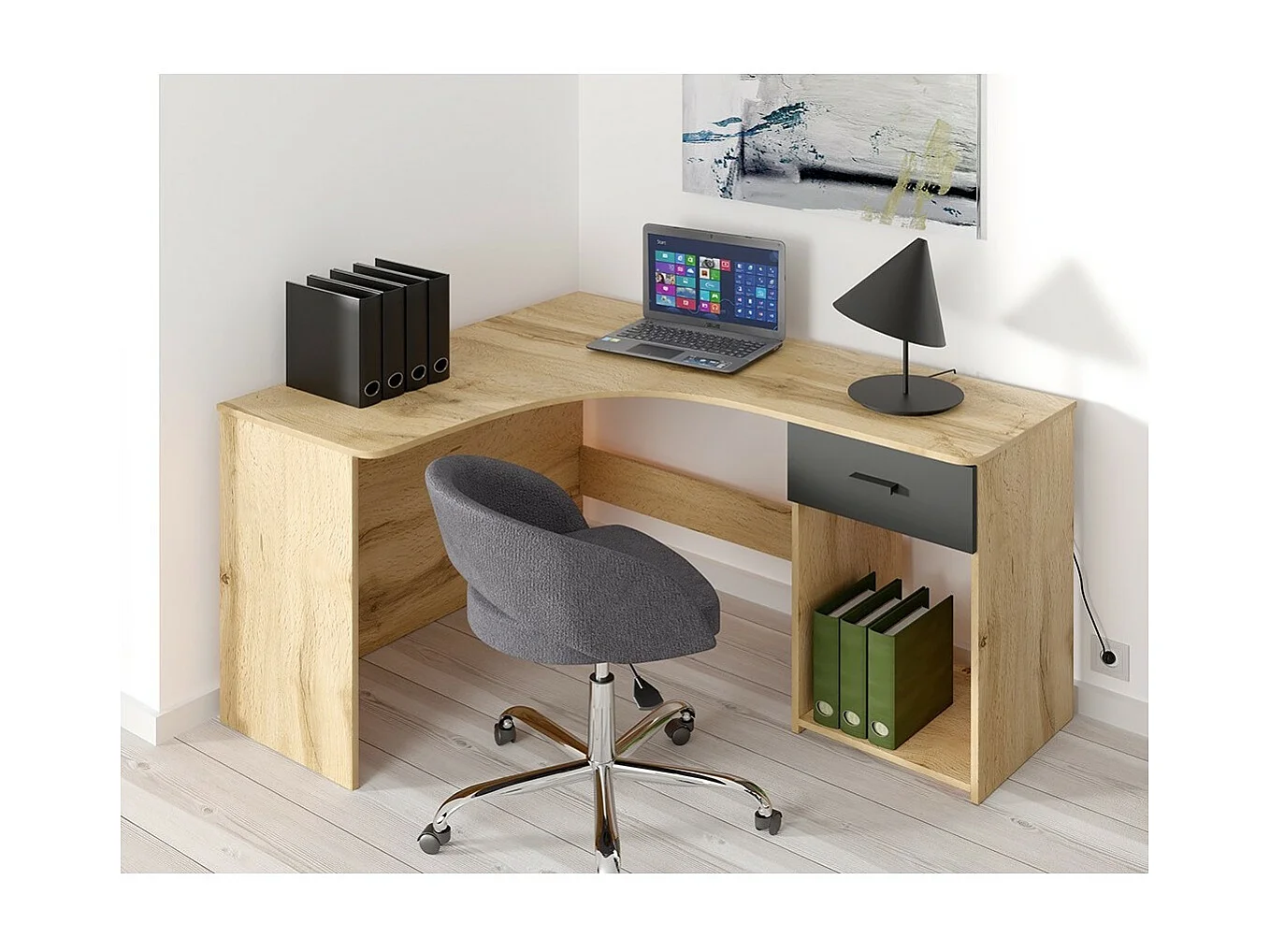 Bureau d'angle design avec nombreux rangements collection LOUANE coloris chêne et noir.
