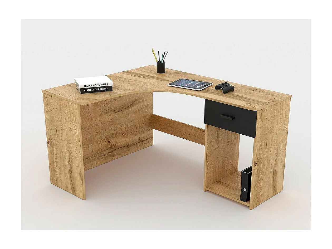 Bureau d'angle design avec nombreux rangements collection LOUANE coloris chêne et noir.