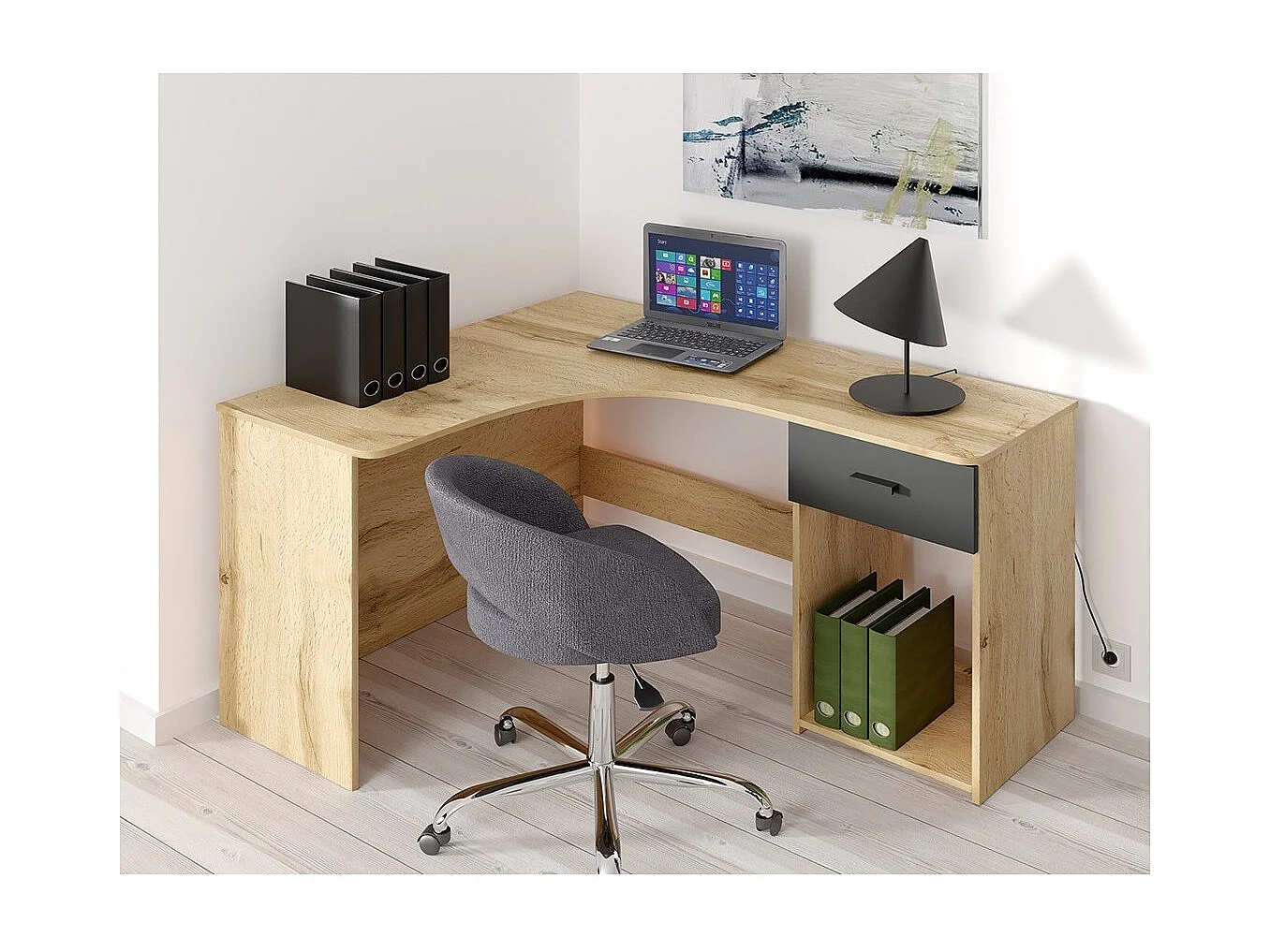 Bureau d'angle design avec nombreux rangements collection LOUANE coloris chêne et noir.