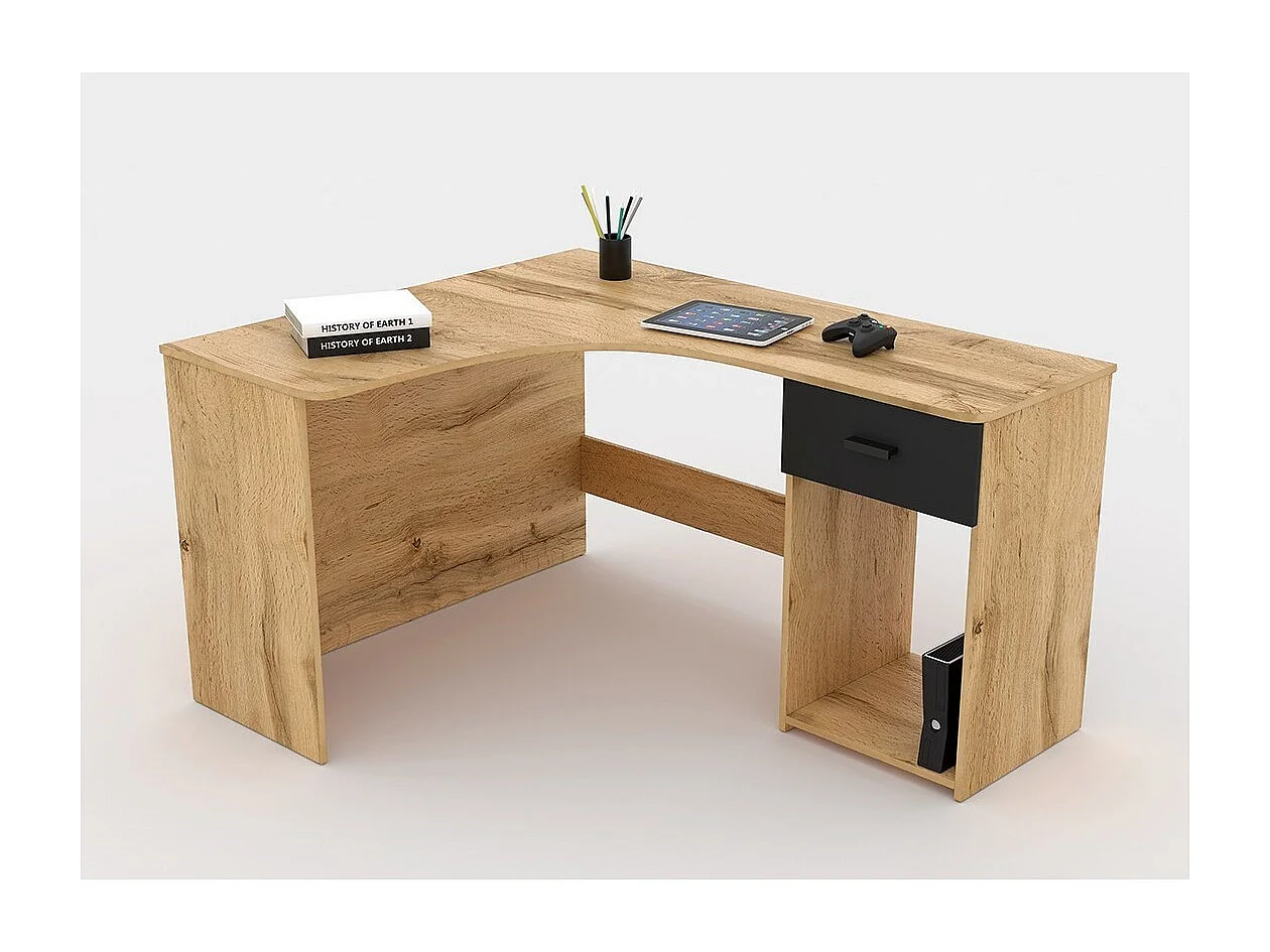 Bureau d'angle design avec nombreux rangements collection LOUANE coloris chêne et noir.