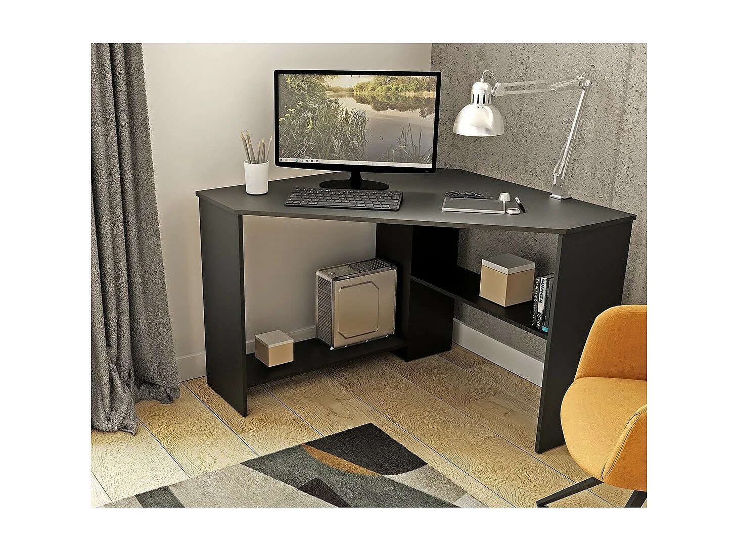Bureau d'angle KARO – Noir mat – Design compact avec rangements intermédiaires