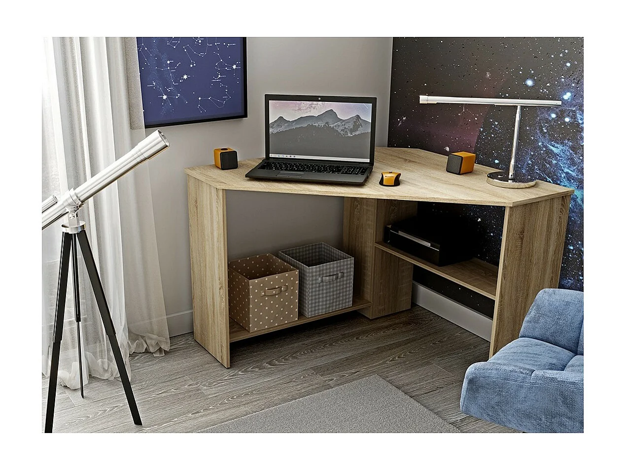 Bureau d'angle KARO – Chêne clair – Design moderne avec rangements intermédiaires