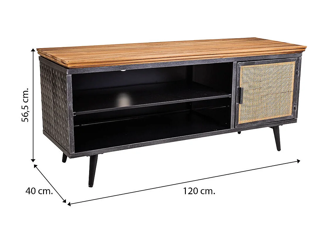 Unterschrank aus schwarzem Metall, Holz und Bambus, 120 x 40 x 56,5 h cm